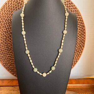 Prehnite Freshwater Pearl Station Necklace Gold Tone Delicate 24”